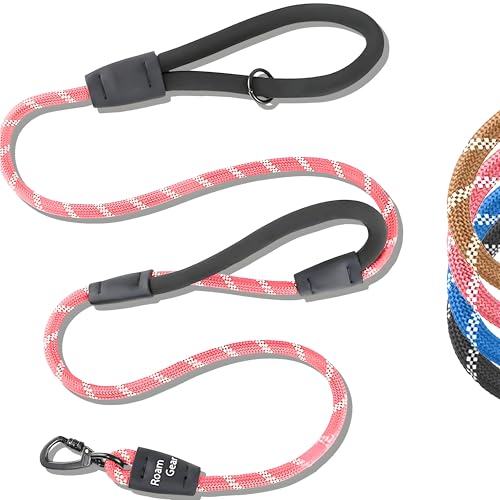 Roam Gear 6 Foot Dog Leash, Two Extra Padded Handles, Locking Carabiner Clip, Reflective for Night Visibility, Weatherproof, Heavy Duty Rope Leash, Roam Gear (Pink) - Image 1
