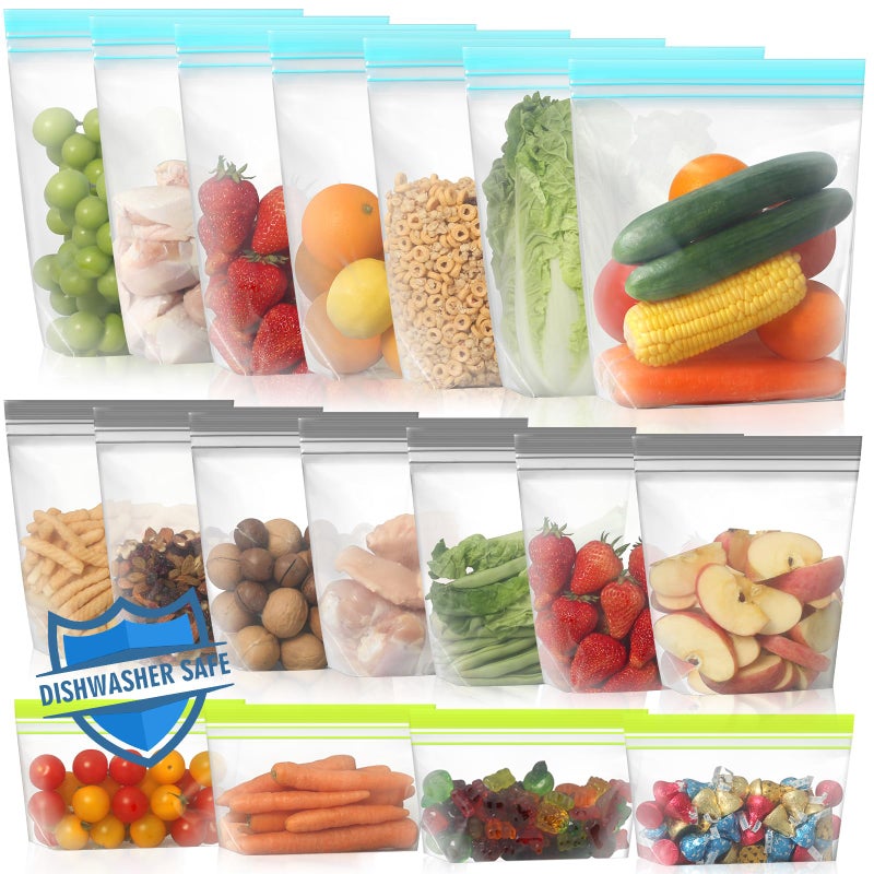 Lerine 18 Pack Reusable Freezer Bags Dishwasher Microwave Safe, Stand Up BPA Free Reusable Sandwich Bags, Silicone Free Leakproof Food Storage Bags for Meal Prep (Multicolor, 7Gallon 7Sandwich 4Snack) - Image 1