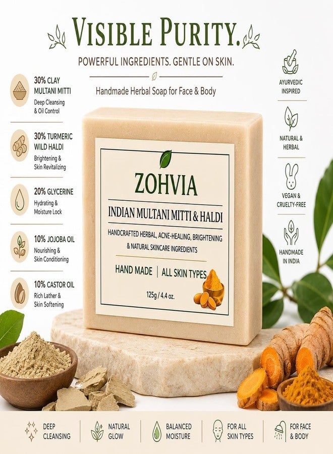 ZOHVIA مجموعة صابون الكركم من زوهفيا، 3 قطع، للوجه والجسم - صابون طين وكركم مصنوع يدويًا مع طين ملتاني وكركم بري - منظف عشبي نباتي للبشرة الدهنية والحساسة وللاستخدام اليومي - 13.2 أونصة - Image 2