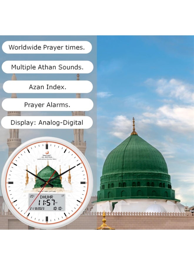 AL-FATIHA Muslim Azan Wall Clock,Muslim Prayer Time Display with Hijri & Gregorian Calendar, 8 Athan Sounds, White LCD Screen(White) - Image 2