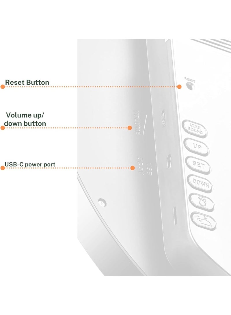 AL-FATIHA Muslim Azan Wall Clock,Muslim Prayer Time Display with Hijri & Gregorian Calendar, 8 Athan Sounds, White LCD Screen(White) - Image 5