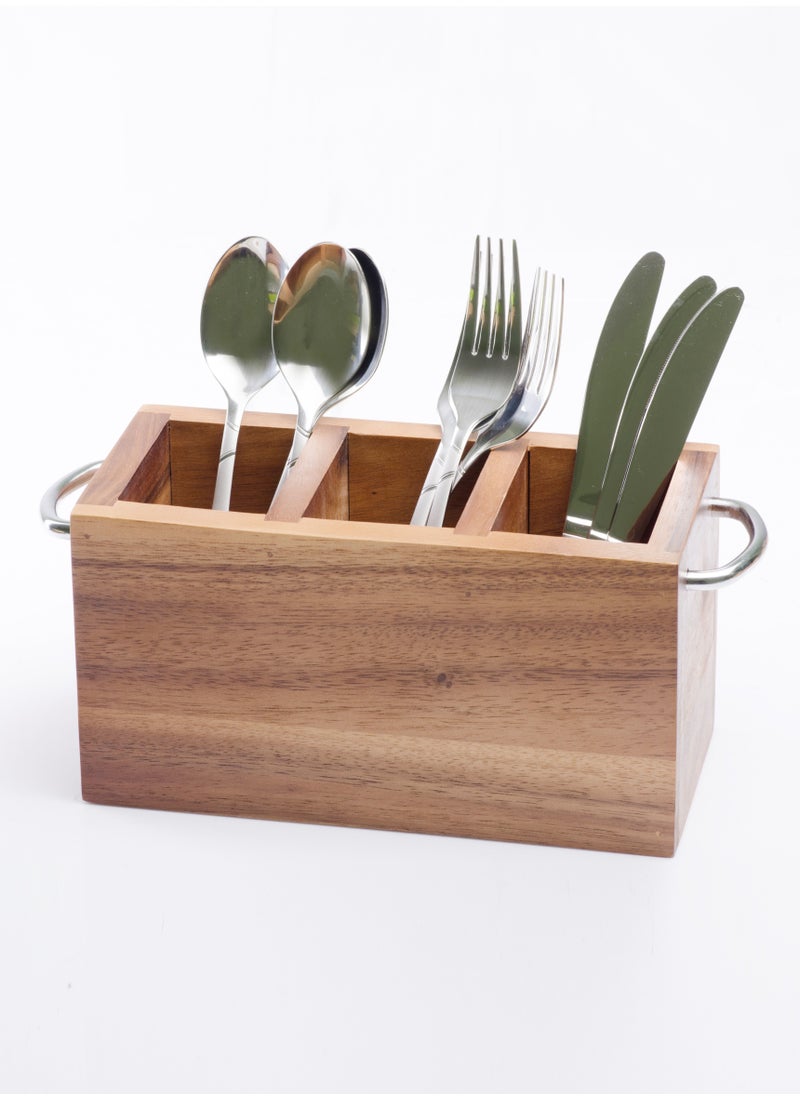 Wooden Cutlery Holder With Metal Handle Brown