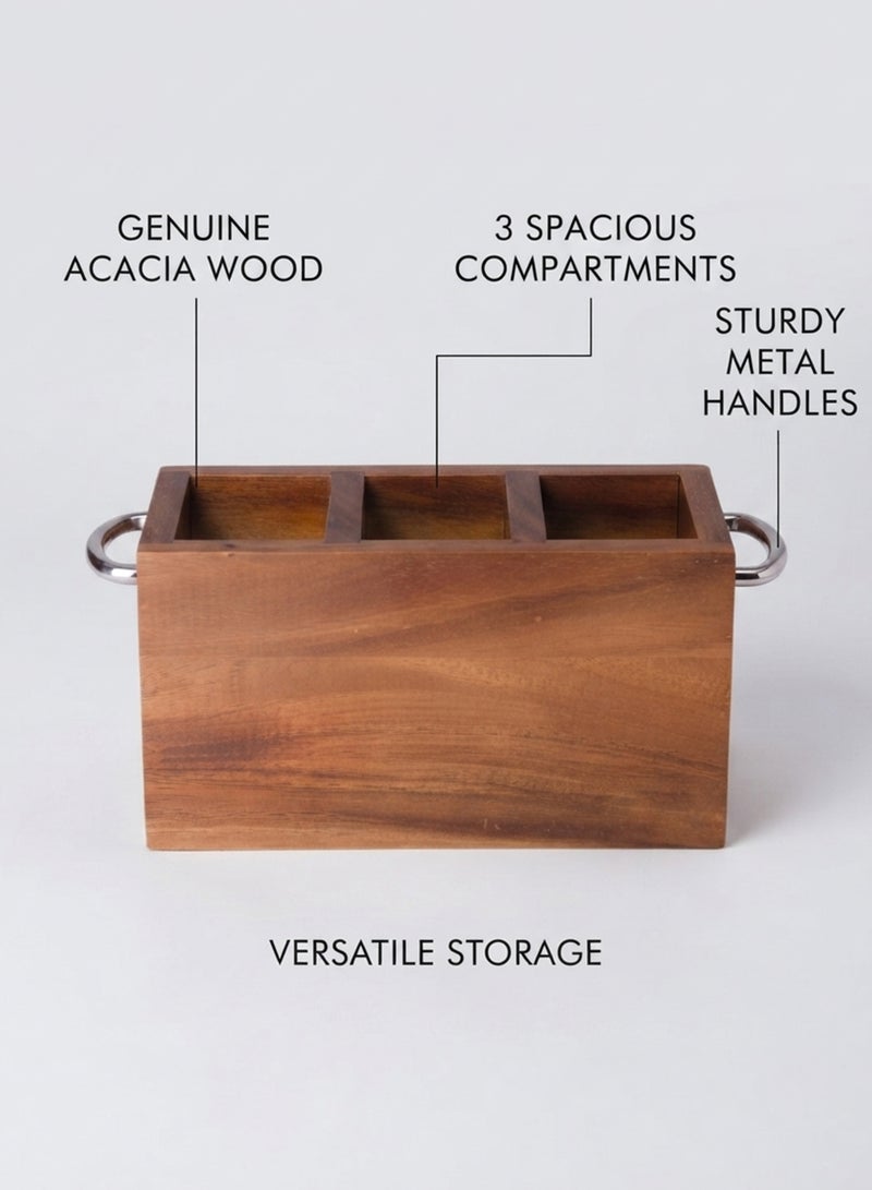 Billi Wooden Cutlery Holder with Metal Handle, Natural Wood Utensil Organizer for Kitchen, Dining Table and Countertop Storage - Image 3
