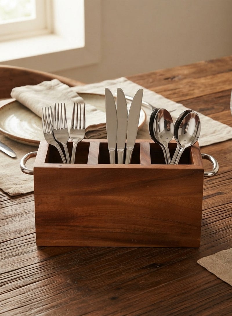 Billi Wooden Cutlery Holder with Metal Handle, Natural Wood Utensil Organizer for Kitchen, Dining Table and Countertop Storage - Image 2