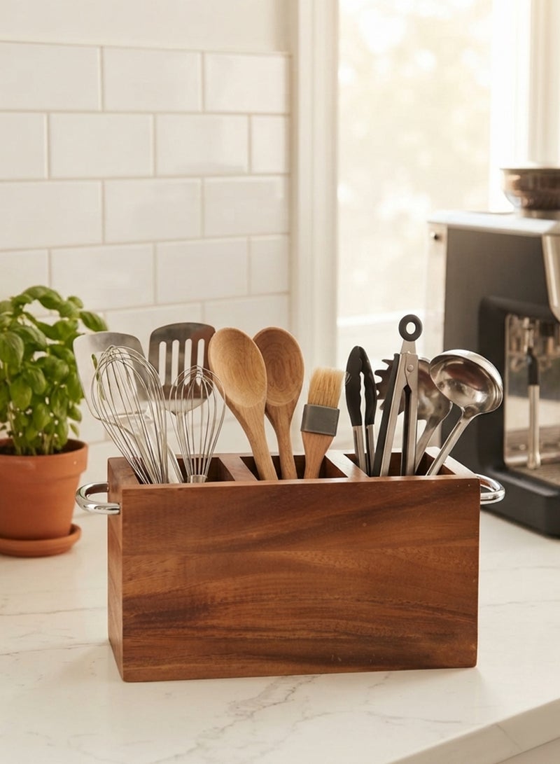 Billi Wooden Cutlery Holder with Metal Handle, Natural Wood Utensil Organizer for Kitchen, Dining Table and Countertop Storage - Image 4