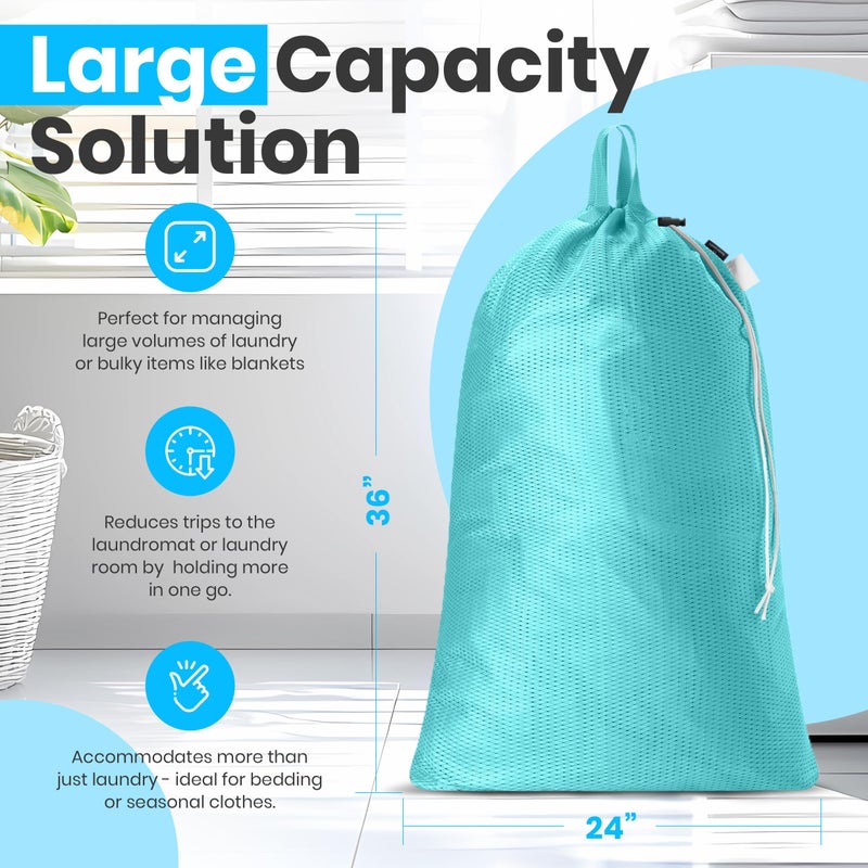 Handy Laundry Large Mesh Laundry Bags - Heavy Duty with Handles & Drawstring - Machine Washable Net Laundry Sacks for College Dorm, Camp, Travel, Bedding & Clothes Storage (Teal) - Image 2