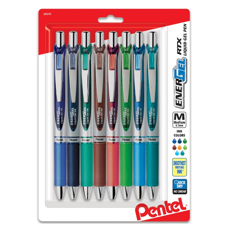 Pentel قلم جيل سائل قابل للسحب من بنتل إنرجل، (0.7 مم) طرف معدني، خط متوسط، مجموعة متنوعة من 2 حبر، 8 قطع (BL77BP8M2) - Image 5