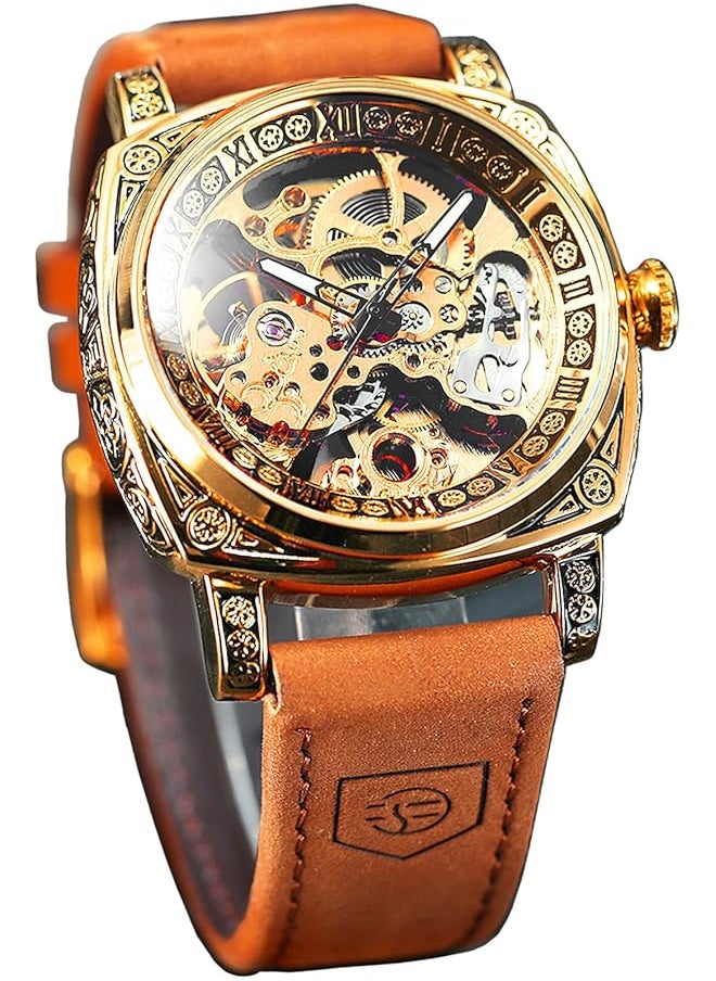 FORSINING Square Luxury Retro Mechanical Watch For Men Gorgeous Hollow Skeleton Self Wind Carved Automatic Watches Vintage Leather Strap Wristwatch Silver Dail Black Strap  - Image 1