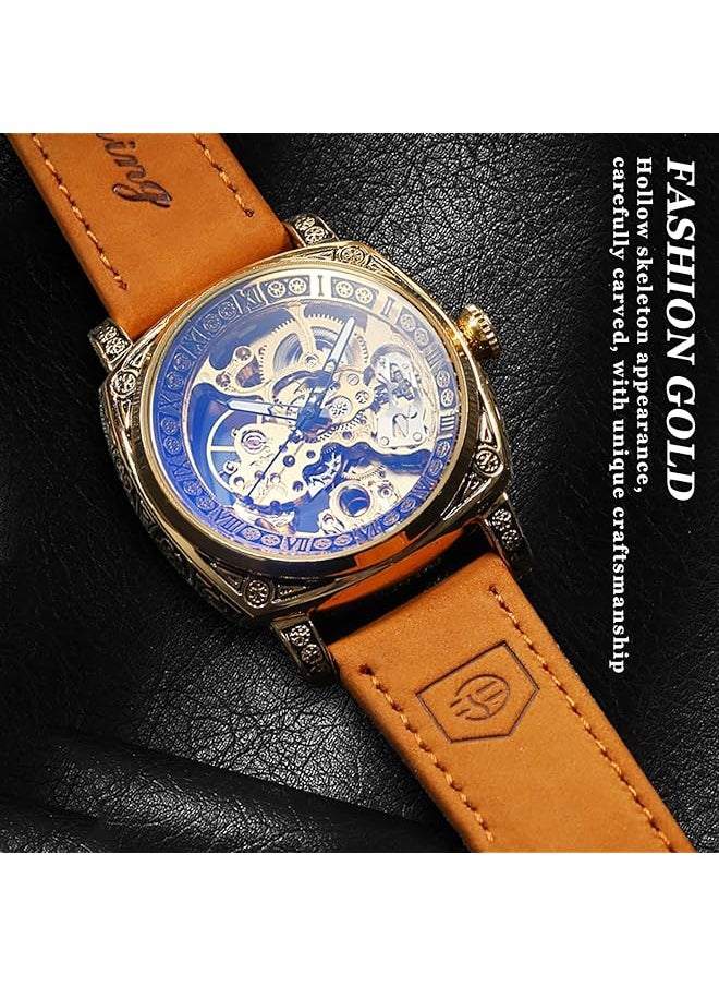FORSINING Square Luxury Retro Mechanical Watch For Men Gorgeous Hollow Skeleton Self Wind Carved Automatic Watches Vintage Leather Strap Wristwatch Silver Dail Black Strap  - Image 4