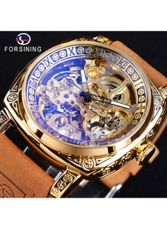FORSINING Square Luxury Retro Mechanical Watch For Men Gorgeous Hollow Skeleton Self Wind Carved Automatic Watches Vintage Leather Strap Wristwatch Silver Dail Black Strap  - Image 2