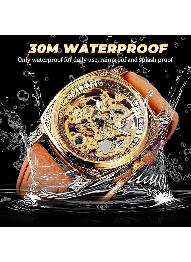 FORSINING Square Luxury Retro Mechanical Watch For Men Gorgeous Hollow Skeleton Self Wind Carved Automatic Watches Vintage Leather Strap Wristwatch Silver Dail Black Strap  - Image 5