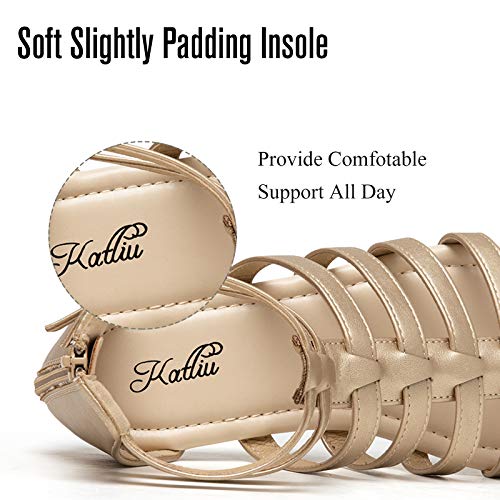 katliu Women's Gladiator Sandal Strappy Flat Sandals Two Ankle Buckle Gold 8 - Image 4