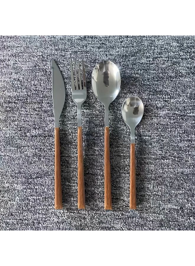 24pcs Stainless Steel Cutlery Set Retro Style Wooden Handle Imitation Mirror Finish 6 Person Tableware Gift Box - Image 4