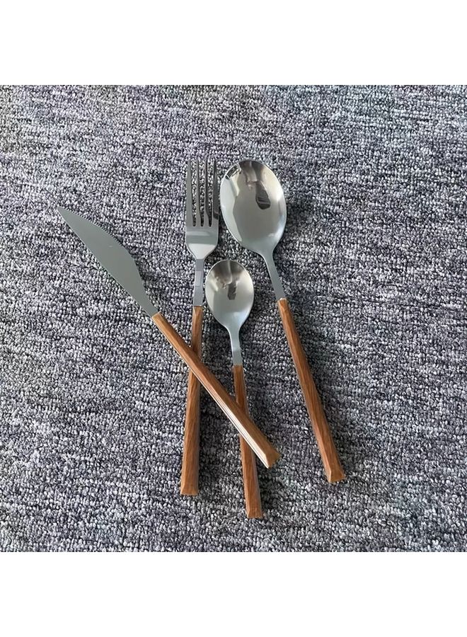 24pcs Stainless Steel Cutlery Set Retro Style Wooden Handle Imitation Mirror Finish 6 Person Tableware Gift Box - Image 5