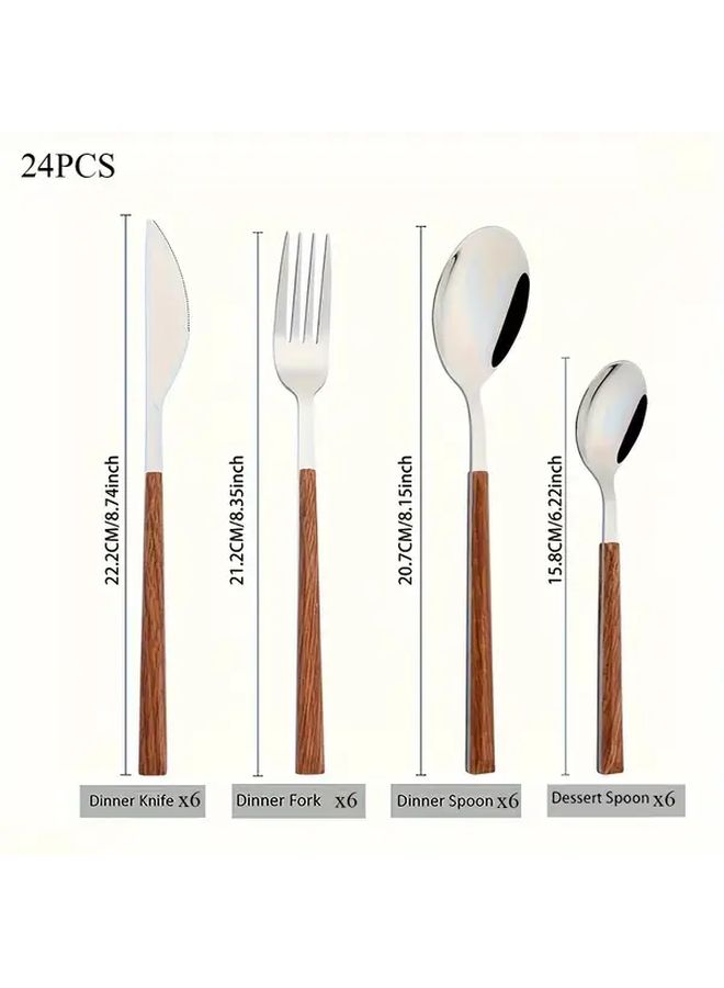 24pcs Stainless Steel Cutlery Set Retro Style Wooden Handle Imitation Mirror Finish 6 Person Tableware Gift Box - Image 2