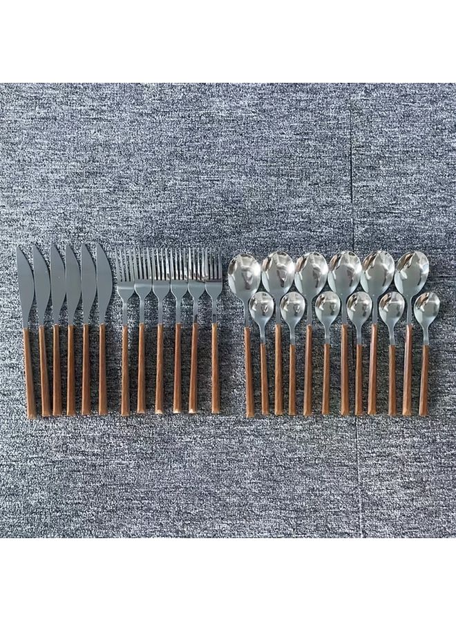 24pcs Stainless Steel Cutlery Set Retro Style Wooden Handle Imitation Mirror Finish 6 Person Tableware Gift Box - Image 1