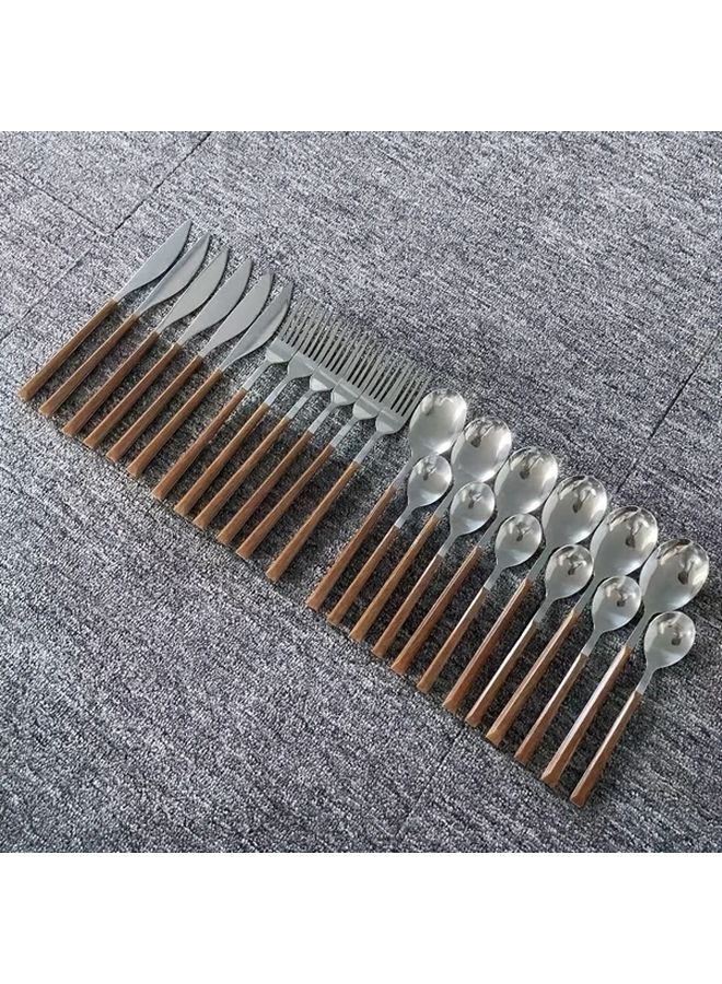 24pcs Stainless Steel Cutlery Set Retro Style Wooden Handle Imitation Mirror Finish 6 Person Tableware Gift Box - Image 3