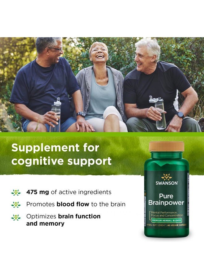 SWANSON Pure Brainpower Brain Health Cognitive Memory Focus Support Brain-Derived Neurotrophic Factor (BDNF) Herbal Supplement (Ginkgo Biloba, Bacopa Monnieri) 60 Veggie Capsules (Veg Caps) Vegan - Image 3