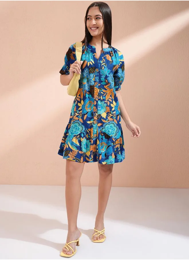 Vishudh Vishudh Women Floral Print Puff Sleeves Cotton A-Line Mini Dress