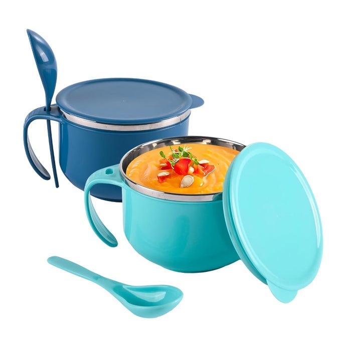 Kuber Industries PACK OF 2 AIRTIGHTLID 600ML SOUP BOWL WITH SPOON HOLDER LEAKPROOF FOOD CONTAINER FOR NOODLES PASTA MILK MAGGIE BOWL SOUPTOK FOR EATING BLUE NAVY BLUE