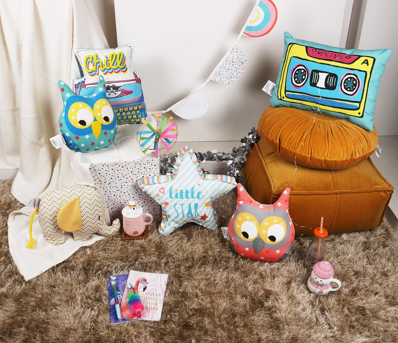 Sivya by Home Micro Filled Shape Cute Cushion for Kids (Elephant + 2 Owl + Star + Typewriter + Mixtape) | Pack of 6 - Image 1