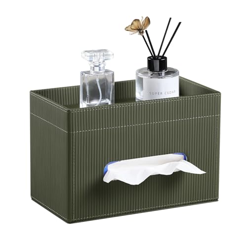 Cretkhp Rectangular Tissue Box Cover with Storage Tray, PU Leather Tissue Box Holder for Bathroom Vanity Countertop Night Stands Bedroom Office Desk, Stylish Tissue Holder Decorative Organizer (Green) - Image 1
