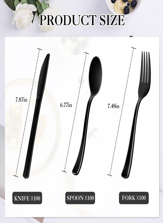 ALEXPRE 300 Pack Black Disposable Plastic Silverware Heavy Duty,Black Cutlery Set, Plastic Forks and Spoons Knives Utensils Set for Birthday Party Prom Night,Weddings,Halloween - Image 2