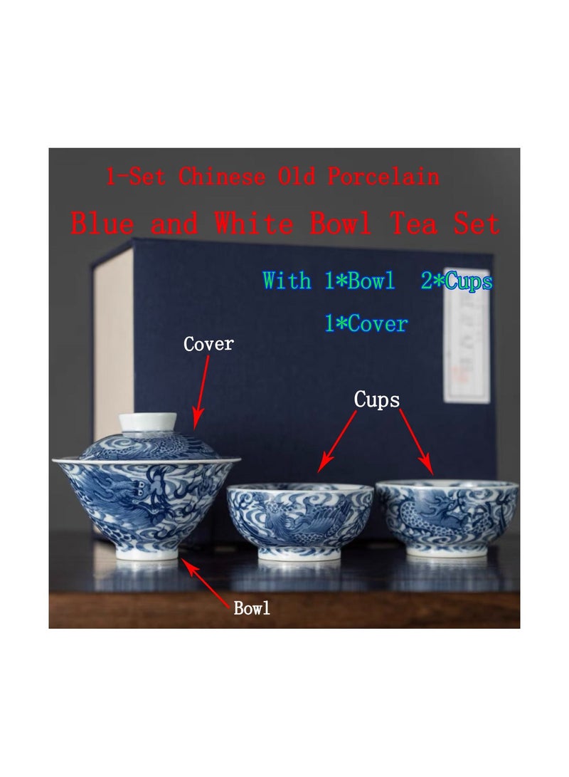 1-Set Chinese Old Porcelain Blue and White Bowl Tea Set,Chinese Tea Bowl with Cover and Cups,Chinese Traditional Handicraft Ceramic Tea Set - Image 1
