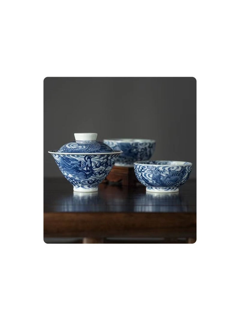 1-Set Chinese Old Porcelain Blue and White Bowl Tea Set,Chinese Tea Bowl with Cover and Cups,Chinese Traditional Handicraft Ceramic Tea Set - Image 2