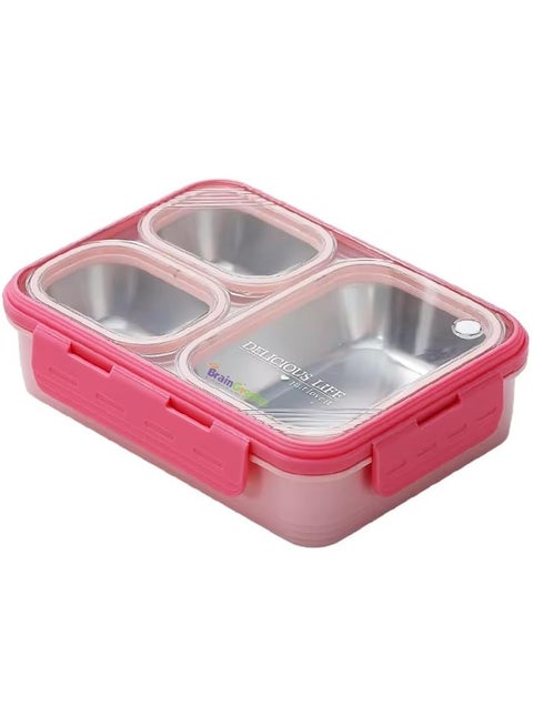BrainGiggles Bento Lunch Box with 3 Compartments, Leak Proof BPA Free Stainless Steel Bento Box for Kids and Adults | Insulated Tiffin Box for School and Office (PINK)