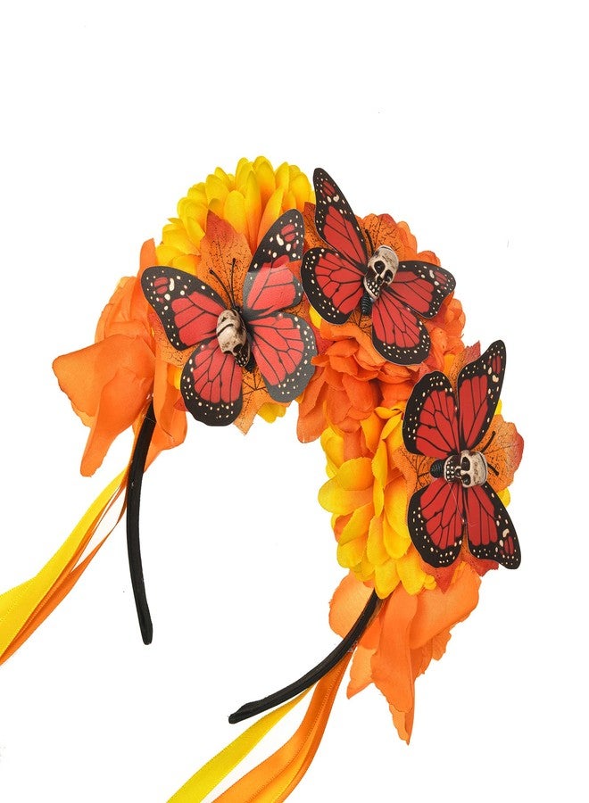 Vividsun Boho Flower Crown Day of The Dead Floral Headband Festival Cosplay Hair Accessories (style 1 yellow orange) - Image 2