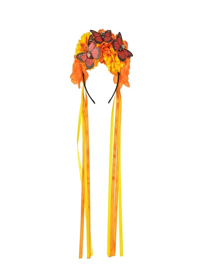 Vividsun Boho Flower Crown Day of The Dead Floral Headband Festival Cosplay Hair Accessories (style 1 yellow orange) - Image 1