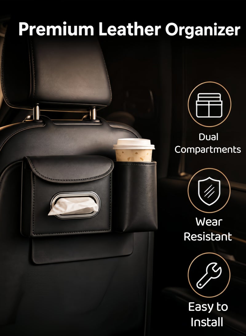XiuWoo Car Tissue Holder PU Leather,Car Seat Back Organizer,Car Organizer with Cup Holders,Tissue Box & Hooks,Multifunctional Car Organizer for Most Vehicles,Stylish & Functional Storage,Ideal for family trips, Road Trips & Travel(Black) - Image 4