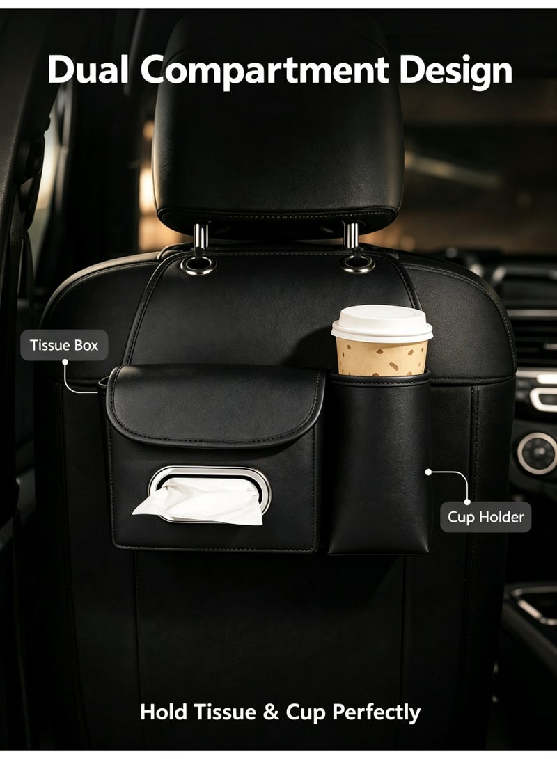 XiuWoo Car Tissue Holder PU Leather,Car Seat Back Organizer,Car Organizer with Cup Holders,Tissue Box & Hooks,Multifunctional Car Organizer for Most Vehicles,Stylish & Functional Storage,Ideal for family trips, Road Trips & Travel(Black) - Image 3
