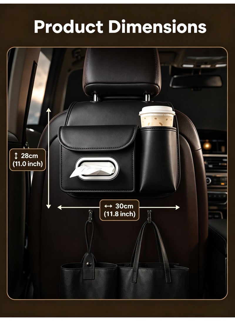 XiuWoo Car Tissue Holder PU Leather,Car Seat Back Organizer,Car Organizer with Cup Holders,Tissue Box & Hooks,Multifunctional Car Organizer for Most Vehicles,Stylish & Functional Storage,Ideal for family trips, Road Trips & Travel(Black) - Image 2