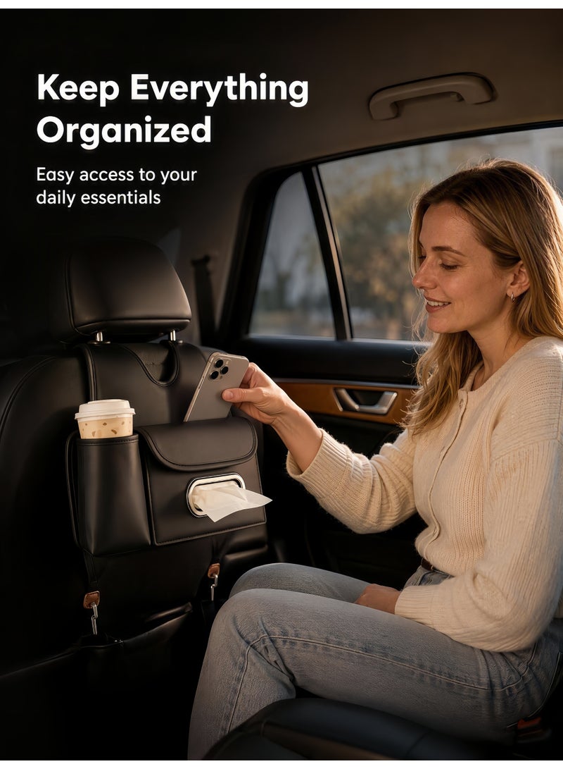 XiuWoo Car Tissue Holder PU Leather,Car Seat Back Organizer,Car Organizer with Cup Holders,Tissue Box & Hooks,Multifunctional Car Organizer for Most Vehicles,Stylish & Functional Storage,Ideal for family trips, Road Trips & Travel(Black) - Image 5