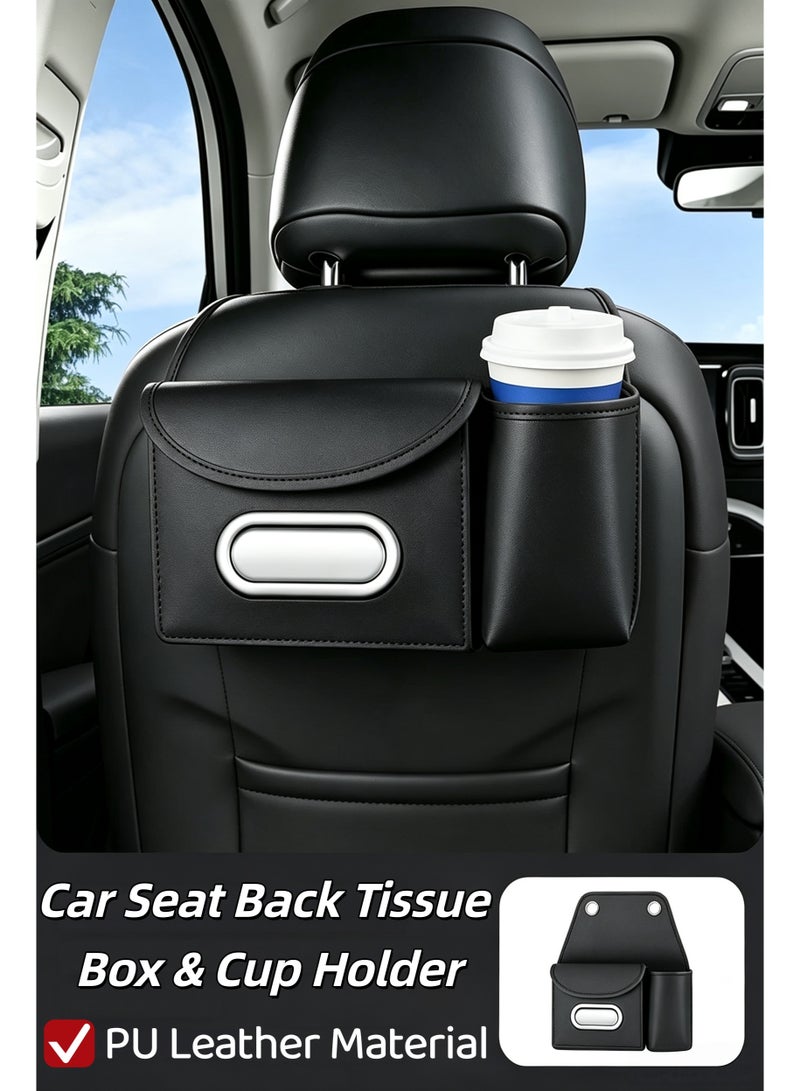 XiuWoo Car Tissue Holder PU Leather,Car Seat Back Organizer,Car Organizer with Cup Holders,Tissue Box & Hooks,Multifunctional Car Organizer for Most Vehicles,Stylish & Functional Storage,Ideal for family trips, Road Trips & Travel(Black) - Image 1