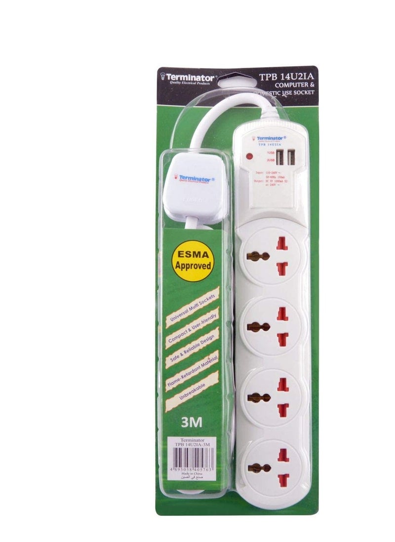 Terminator 4 Way Power Extension Outlet With 2 Usb Socket