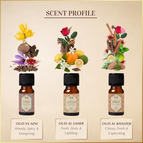 DUKHNI Arabian Oudh Diffuser Oil Set, Essential Oils by Dukhni | 3 x 10ml Oud Oil Gift Set for diffuser & humidifier | 100% Pure Islmaic Oils | Relax with home aromatherapy, for stress relief and massage - Image 2