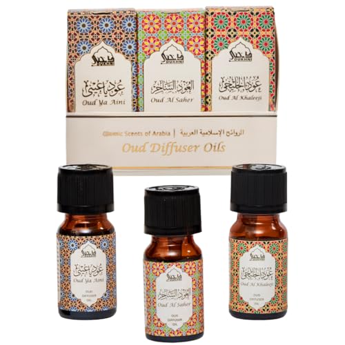 DUKHNI Arabian Oudh Diffuser Oil Set, Essential Oils by Dukhni | 3 x 10ml Oud Oil Gift Set for diffuser & humidifier | 100% Pure Islmaic Oils | Relax with home aromatherapy, for stress relief and massage - Image 1