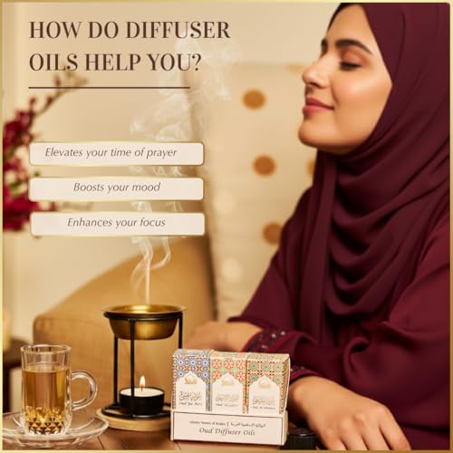 DUKHNI Arabian Oudh Diffuser Oil Set, Essential Oils by Dukhni | 3 x 10ml Oud Oil Gift Set for diffuser & humidifier | 100% Pure Islmaic Oils | Relax with home aromatherapy, for stress relief and massage - Image 5