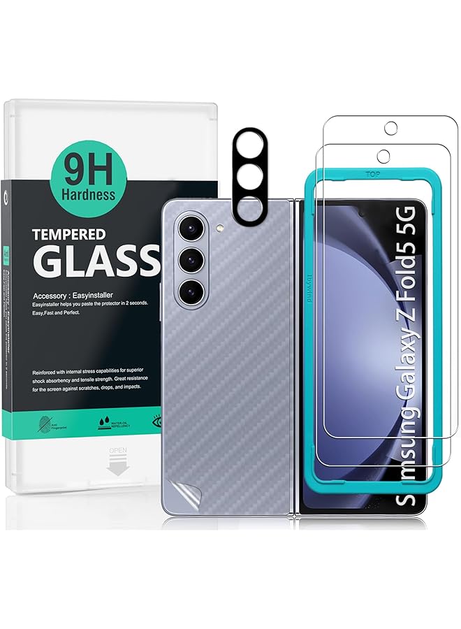 إيروريكس واقي شاشة لهاتف Samsung Galaxy Z Fold 5 5G، مع قطعتين من الزجاج المقوى، قطعة واحدة من واقي عدسة الكاميرا، قطعة واحدة من فيلم ألياف الكربون الداعم لقارئ بصمات الأصابع، سهل التركيب - Image 1