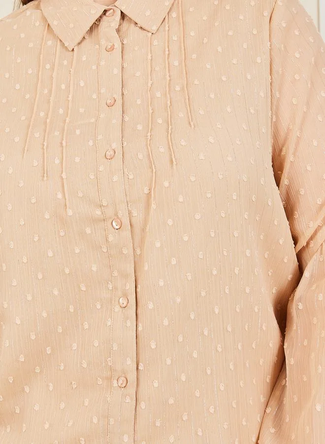 Styli Button Front Dobby Textured Shirt with Long Sleeves