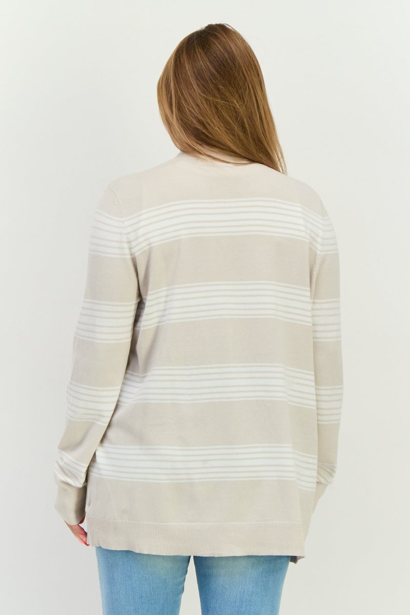 Verve Ami Women Split Neck Stripe Cardigan, Oatmeal Combo - Image 2