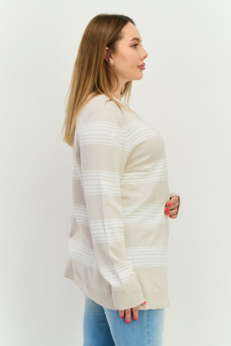 Verve Ami Women Split Neck Stripe Cardigan, Oatmeal Combo - Image 2
