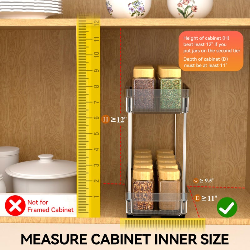 DABIGE 2 Pack Pull Out Spice Rack Organizer for Cabinet, 2 Tier Slide Out Spice Racks Organizer, Spice Cabinet Organizers, Cabinet Size Need:12'' High x 11'' Deep x 5'' Wide, Clear Acrylic - Image 5