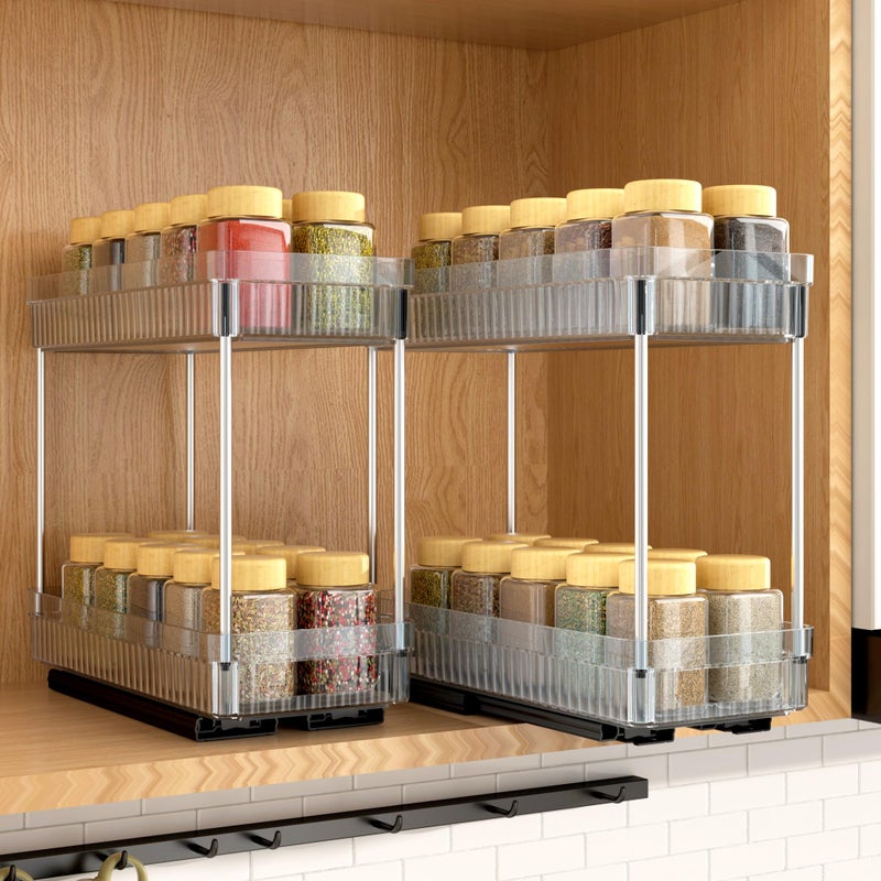 DABIGE 2 Pack Pull Out Spice Rack Organizer for Cabinet, 2 Tier Slide Out Spice Racks Organizer, Spice Cabinet Organizers, Cabinet Size Need:12'' High x 11'' Deep x 5'' Wide, Clear Acrylic - Image 1