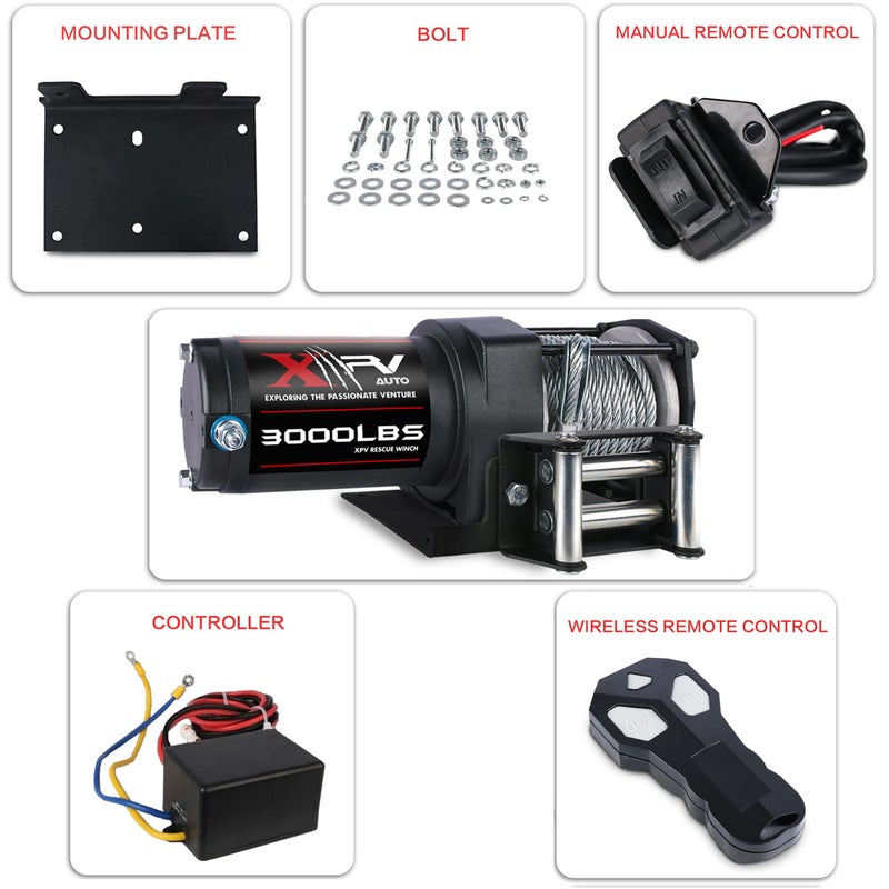 XPV AUTO 3000 lb 12V DC Electric Winch with Both Wireless Handheld Remote and Corded Control Recovery Steel Cable Waterproof Winch for UTV ATV Boat - Image 4