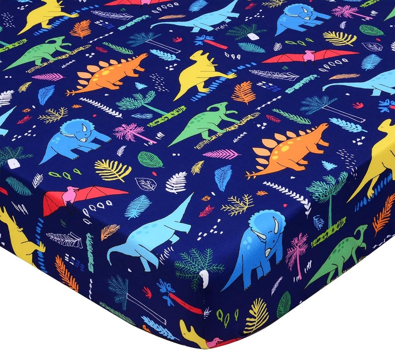 Dinosaur Fitted Crib Sheet - Baby 100% Polyester 1 Pack Crib Sheet for Standard Crib and Toddler Mattresses - Blue Nursery Bed Sheet Crib Mattress Toddler Sheet for Baby Boys - Image 1