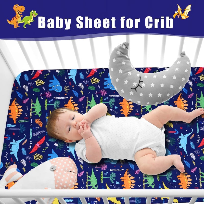Dinosaur Fitted Crib Sheet - Baby 100% Polyester 1 Pack Crib Sheet for Standard Crib and Toddler Mattresses - Blue Nursery Bed Sheet Crib Mattress Toddler Sheet for Baby Boys - Image 3
